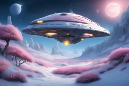 In a snowy and magical landscape with in the foreground they are delicate and very small pink and yellow flowers, a magnificent spaceship flies.The spaceship has soft shapes. It's a pacifist spaceship. The spaceship is silver and blue , very bright and sweet, and very refined with small portholes and lots of lights . The sky is dark blue with a crescent moon and stars. There are a lot of fir trees with snow. There is a frozen lake of turquoise water. . There are sparks of light everywhere