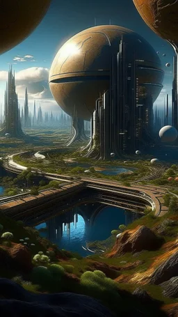 sci fi planet, tall smooth harbour city, gardens