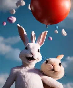 Ultra realistic speed clouds sky scene, wide angle view, childs falling down with many Childs background, rabbit head, inflatable monsters, circus dress style, feather color, free jumping flying, many trinkets, hair monster, many jelly beans, balls, color smoke, smile, happy, extreme, wind, clouds sea, 20,000 feet altitude, stratosphere, soft color, highly detailed, unreal engine 5, ray tracing, RTX, lumen lighting, ultra detail, volumetric lighting, 3d, finely drawn, high definition.