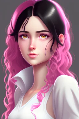 A realistic girl, 25 years old, with hazel eyes, white skin, and pink lips. Her features are innocent and sharp. Her hair is black, long, and silky.