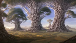 Valinor, tolkien, two giant trees, one giant golden tree, one giant silver tree, surrounded by a giant white castle.