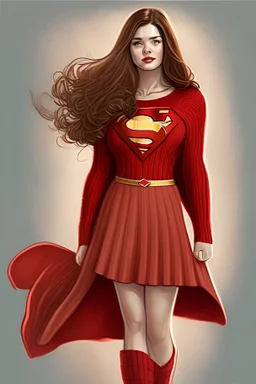 supergirl with long brown hair wearing a long red very thick knitted sweater dress and high heels