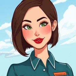 realistic cartoon style passport photo of a beautiful brunette French stewardess who looks like Elodie Cherie. she has short bob cut, pouty red lips, long eyelashes and green eyes.