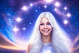 very beautiful cosmic women with white long hair, smiling, with cosmic silver dress and brightly earings. in the background there is a bautiful sky with stars and light beam