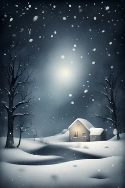 Midnight scene of snow falling in winter. Surrealist style