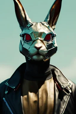 Medium Close Up Portrait, Front image. cyberpunk, rabbit mask, British man, white short hair. leather, gold suit. White, black, red, color. Retro futuristic style. Color background, photo studio. Avatar image, highly detailed, concept art, smooth, unreal engine 5, god rays, ray tracing, RTX, lumen lighting, ultra detail, volumetric lighting, 3d, finely drawn, high definition, high resolution.