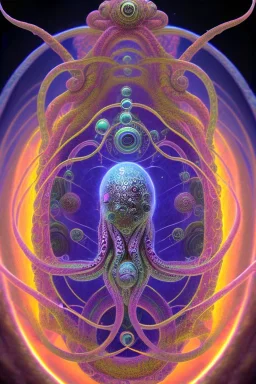 Spiritual sphere with Tentacles over human Head creating reality around, wrapping Tentacles around Human, Dimethyltryptamine