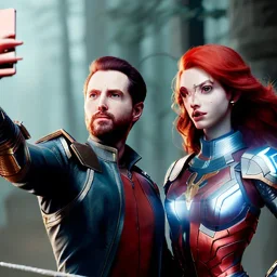 Three characters taking a selfie, red hair, magical fantasy, spellcasting, armor, photorealistic