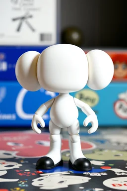 a standing animated figure (head molded into shoulders, no neck, a completely flat face area, stubby legs, bulky arms, no painted details, white in color) vinyl art toy