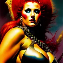 portrait oil on canvas, beautiful punk busty female Barbarian Warrior,green eyes, ,minimal armor,comic book cover, mystical colors,insanely detailed,realistic,intrincate detail, 16k resolution, masterpiece,Frank Frazetta,Alex Horley, Simon Bisley