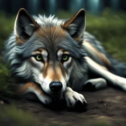 small wolf lying on its side on the ground photo realistic, 4k, dark fantasy