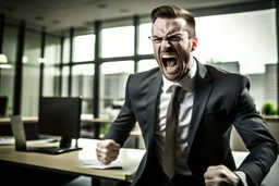 corporate man in office i screaming at employees. Swedish looks. Sign with the text "ICA" in red letters in the background.