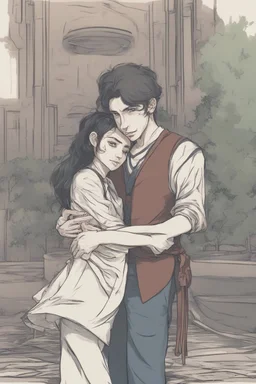 Dnd style, woman being hugged from behind by a young man