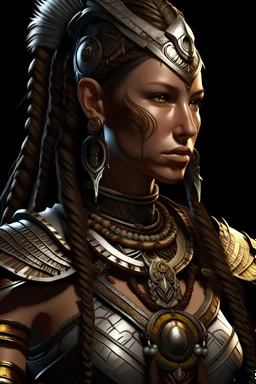 female kalashtar from dungeons and dragons, barbarian class from dungeons and dragons, long and dark hair bound in intricate braids, bronze skin, amber eyes flecked with silver, armor adorned with trophies and tokens such as furs, bones, feathers, and intricate tattoos, realistic, digital art, high resolution, strong lighting