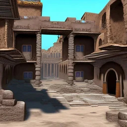 in an dark dirty underground civilization with many buildings pueblo, greek, and islamic architecture