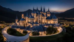 2084, delightful, sensitive, confident, undulating sinusoidal castle with pointed hyperbolic roofs, delicate, night, darkness, exquisite architecture, innovative design, award-winning photograph, beautiful composition, filled with beautiful detail, delicate colour, chiaroscuro