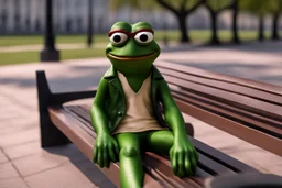 A cool Pepe sitting on the bench and get selfi