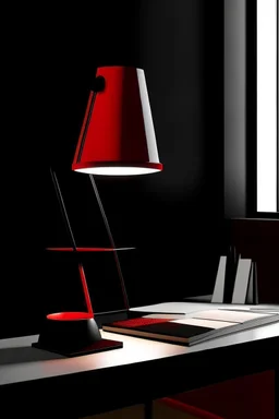 desk lamp, form inspired by stark tower, architecture form, modern design style and black and red color