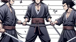 yujiro hanma vs yoriichi tsugukuni, baki vs kimetsu no yaiba, two mans standing in front of each other, a big strong man in black shirt with red hair and evil grin in martial art's stance with bare fists facing a smaller feminine swordsman with long hair and calm face reaching for his sword in traditional japanese clothes both preparing to fight each other