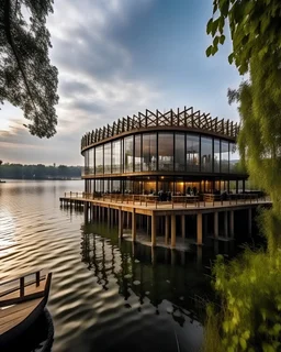 extreme restaurant with modern design, located in a lake, it must make people feel intrigued to go into that restaurant