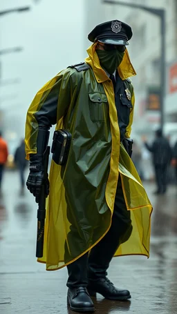 vintage, nypd full body color 1920 black policeman with exoskeleton wtih heavy yellow rain transparent coat