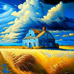 farmhouse and barn with a ripe wheat field next to it. The ears of corn bend in the wind, the sky is bright blue with lovely fluffy clouds. Modifiers: fantasy oil on canvas beautiful high detail ultra detailed crisp quality Guido Borelli da Caluso Leonid Afremov Alex Alemany Sherry Akrami © Crystaldelic