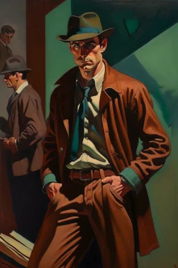 1970's dark fantasy cover dnd style oil painting of a detective with sport outfits with minimalist far perspective. Magazine.