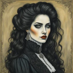 create a 3/4 profile, full body oil pastel of a dark haired, savage, ornately dressed, gothpunk vampire girl with highly detailed , sharply defined hair and facial features , in a smokey 19th century drawing room in the style of JEAN-FRANCOIS MILLET ,CHILDE HASSAM, and JOHN SINGER SARGENT