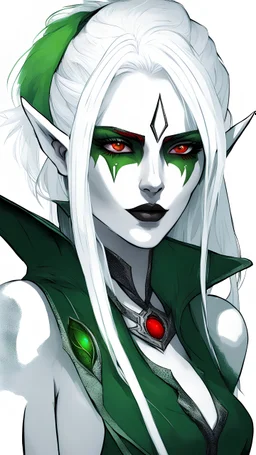 Half drow woman with white hair and one green, one red eye