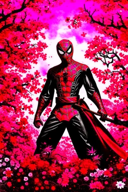Spider-Man in black and red kimono background the pink Sakura tree
