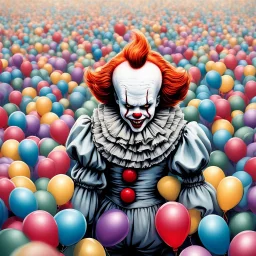 50mm Cinematic intricate photograph, Pennywise the clown from IT movie, big head, (an evil bloodthirsty grin on face), ((sharp teeth)), standing, partially surrounded by balloons, creepy light and atmosphere of horror and fear around, highest details, Nima Neemz Nakhshab movie poster