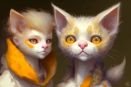 playing kittens Artist Jean-Baptiste Monge style. playing humanoid orange yellow white mossy kitty cat lizard-faced girl with mossy fur. White eyes.