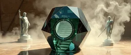 roman athlete guardian of xtal artifact, oracle smoke, perfect geometry, niad, greek gods and heroes, the chariot, the fool and the tower tarot card disaster rendered in magnificient 4d glossy marble stones reflective and wet, like mirrors, winding stairs, watchers, statues of perfect transparent dented glass octahedron dice spaceship with oval interference door