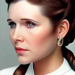 analog style, Beautiful photorealistic color close up face of carrie fisher, realistic soft pale skin, rim lighting, sharp eyes, dark plain background