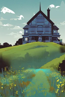 Disused, Victorian Manor House, Blue Sky, Over-Grown Fields, Vector Art