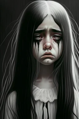A young girl with long black and white hair with brown eyes, black and white dress, who is crying