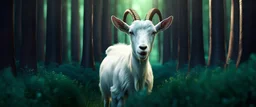 High-end hyperrealism epic cute white goat chewing grass, Steampunk-inspired cinematic photography, symmetry forest alley background, Aesthetic combination of metallic sage green and titanium blue, Vintage style with brown pure leather accents, Art Nouveau visuals with Octane Render 3D tech, Ultra-High-Definition (UHD) cinematic character rendering, Detailed close-ups capturing intricate beauty, Aim for hyper-detailed 8K