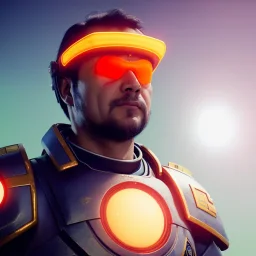 portrait, eternal samurai fusion space suit, floating in space, sun burning bright in background, neon light, 8k, 3d, blender