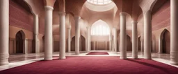 Hyper Realistic Inside View of brown wall mosque with some empty area on side with maroon carpet & White pillars