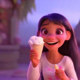 cute, adorable, smileing girl eating ice cream, candies flying all around her, Pixar, disney, cinema lighting, gaming, 8k, magic, love --q 1 --v 4