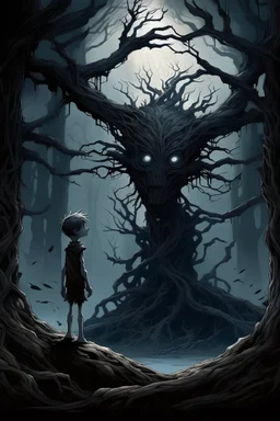 Dark forest background like from nightmares. A young boy climbed a huge tree with a twisted trunk that grew horizontally. The bark is old and full of splinters. Before the boy, amidst the branches, a vision from a nightmare unfolds. A figure resembling a monstrous tree-man with a frozen face. The monster-like figure holds a dying man resembling Jesus on its left side. Jesus's head droops onto the monster's left shoulder, with many splinters protruding only from Jesus's neck. Jesus is dying.