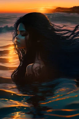 Meerjungfrau schwarze Haare im Wasser mit Sonnenuntergang