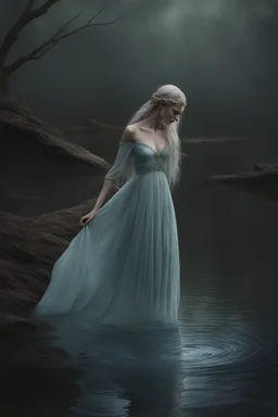 With a deep breath, dearie Fiona let herself be embraced by the water's embrace, her form becoming one with its liquid embrace. The feeling was ethereal, as if the lake itself was a conduit to another realm. She glided with a fluid grace, her movements a reflection of the dance she and Deery had shared in the forest. As the water enveloped her, Fiona's hair fanned out like strands of moonlit silver, creating an otherworldly halo around her. Her skin seemed to shimmer with a natural radiance