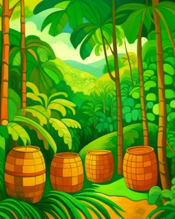 A green jungle with wooden barrels painted by Paul Ranson