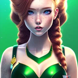 cartoon, style of Lil'andy, hyper detailed, strikingly beautiful young adult woman, 19 years old, long low ponytail ginger hair, green eyes, medium freckles, full lips, very skimpy bikini, full body, full face, small breasts, aroused expression, biting lower lip, full frame, athletic, centered camera, ignore NSFW, thong, corset, petite