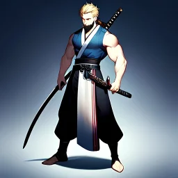 Character portrait, full body pose, Human male, symmetrical eyes, German, blond, black hair bow, goatee on chin, no mustache, black pirate patch over left eye, blue eyes, muscular body, slim waist, long pants wide black, japanese katana, the blade of the katana and the color black, with the black blade, in fantasy medieval bar, high quality, D&D, painting, super detailed, 8k.