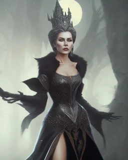 evil queen in black leather gown, busty, cleavage, angry, emperious, 8k resolution concept art portrait by Greg Rutkowski,