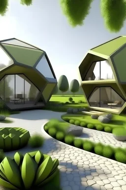 exterior 3d max Two-room hexagonal chalets,, a zoo, a hexagonal restaurant, large recreational spaces, a desert, green spaces, and a fountain. high quality