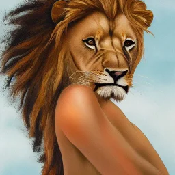 Portrait of a lion and sexy woman