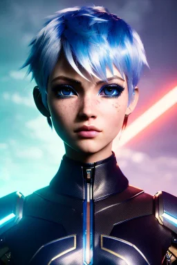 Cyborg anime warrior, light blue hair, pixie hairstyle, blue eyes, waist up portrait, 8k resolution, intricate details, ornate details, soft lighting, vibrant colors, retroanime, masterpiece, intricate eyeliner, dark eyeshadow, eyes, intricate tattoos, futuristic cityscape background